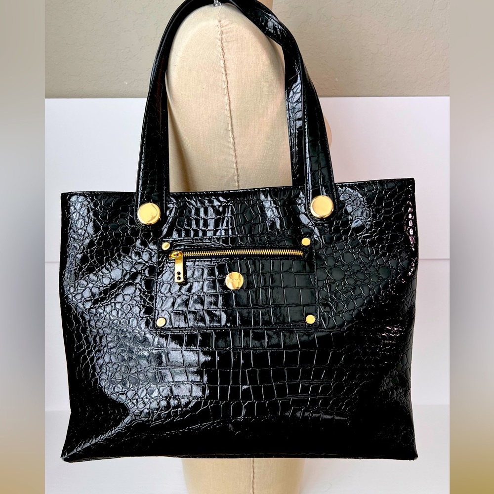 Knomo London Alligator Embossed Shiny Black Tote w Gold Hardware
